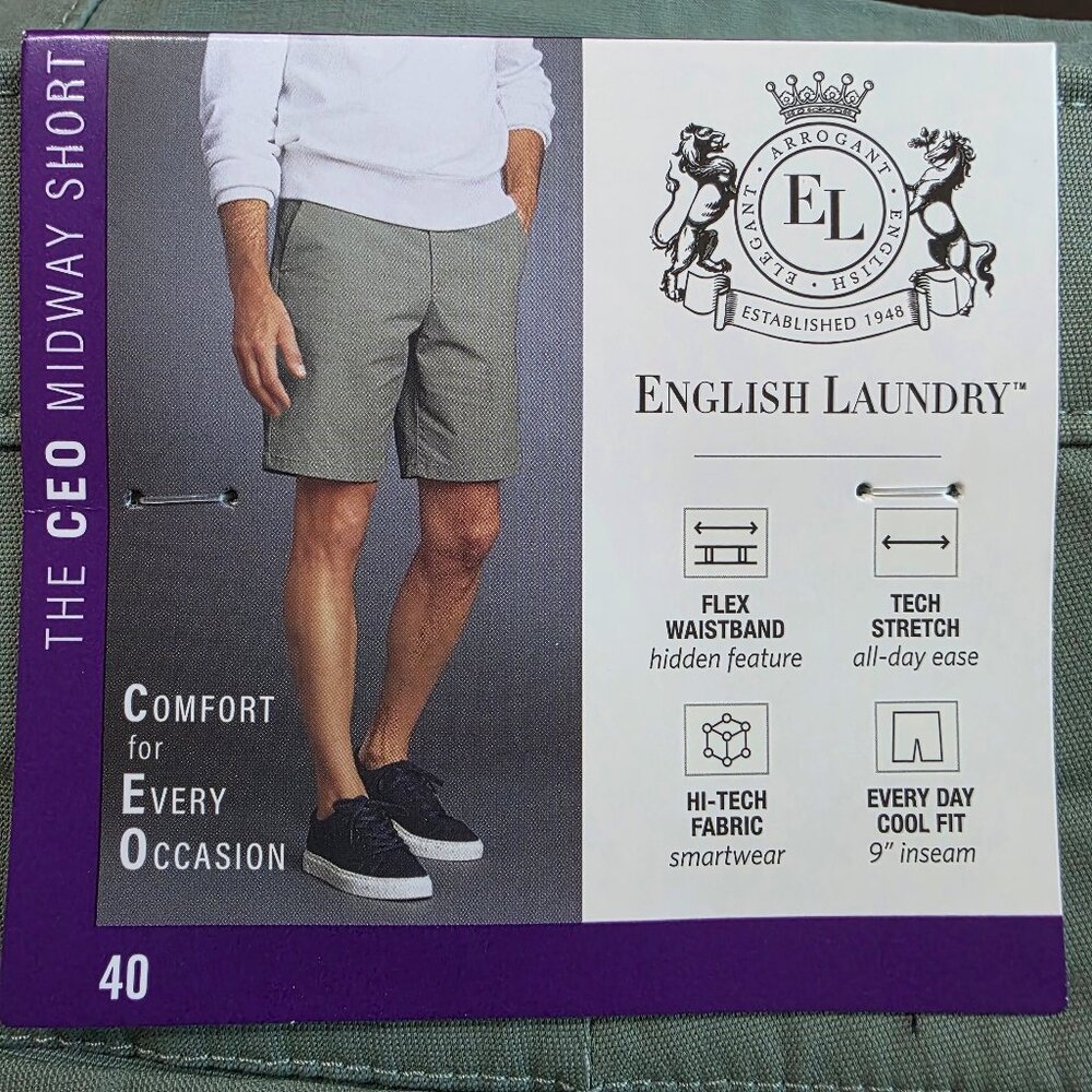 English Laundry CEO Midway Flex Stretch Shorts 9" Inseam Men's Size 40 Green